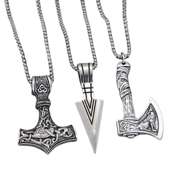 Set Of 3 Viking Style Necklaces For Men, Hammer, Compass, Celtic Knot Wolf Ax Pendant Necklace